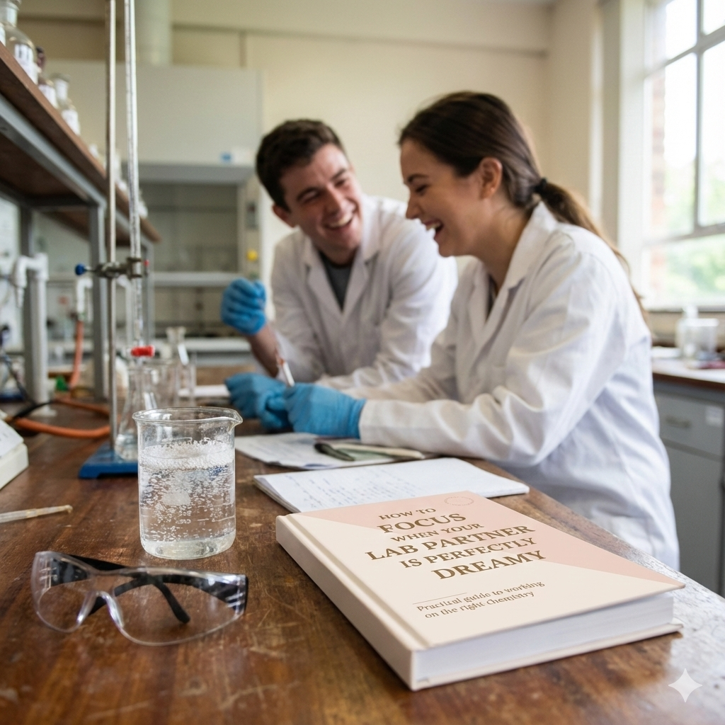 A candid photograph shows a hardcover journal with the title "HOW TO FOCUS WHEN YOUR LAB PARTNER IS PERFECTLY DREAMY" resting on a wooden lab bench. In the background, two smiling lab partners in white coats share a laugh, out of focus. Various scientific equipment and safety glasses surround the journal.