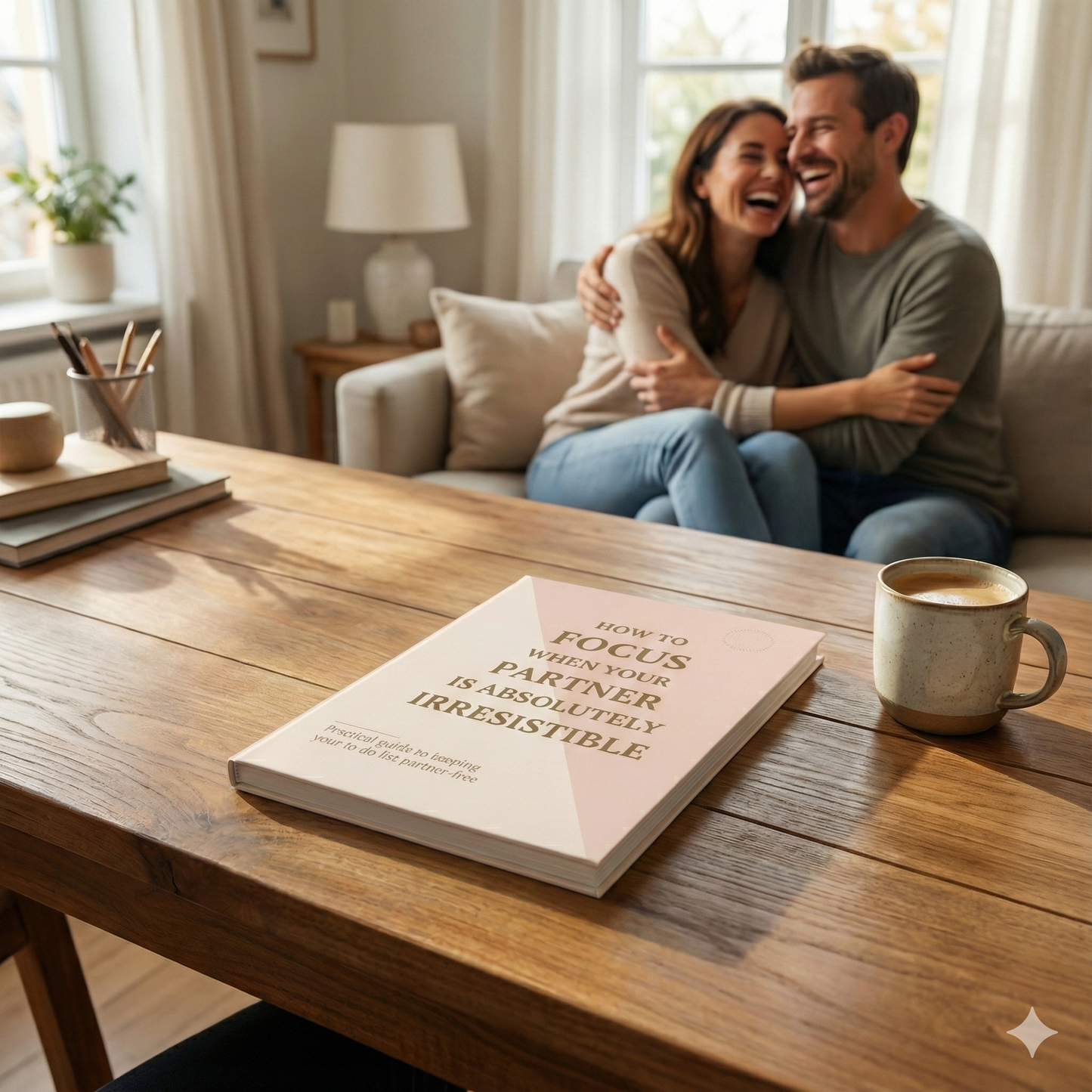 A product photograph shows the Journal "HOW TO FOCUS WHEN YOUR PARTNER IS ABSOLUTELY IRRESISTIBLE" with a pink and beige cover, lying on a wooden desk next to a ceramic mug of coffee. In the background, out of focus, a smiling couple is embracing on a light-colored couch in a sunlit living room.