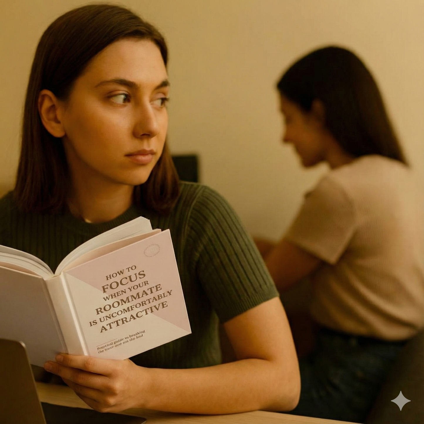 A young woman in a green shirt is sitting at a desk and reading a book with a blush-pink cover titled "HOW TO FOCUS WHEN YOUR ROOMMATE IS UNCOMFORTABLY ATTRACTIVE." She is looking away from the book and glancing to her left, where another woman is sitting in the background, out of focus. The room is dimly lit with warm light.