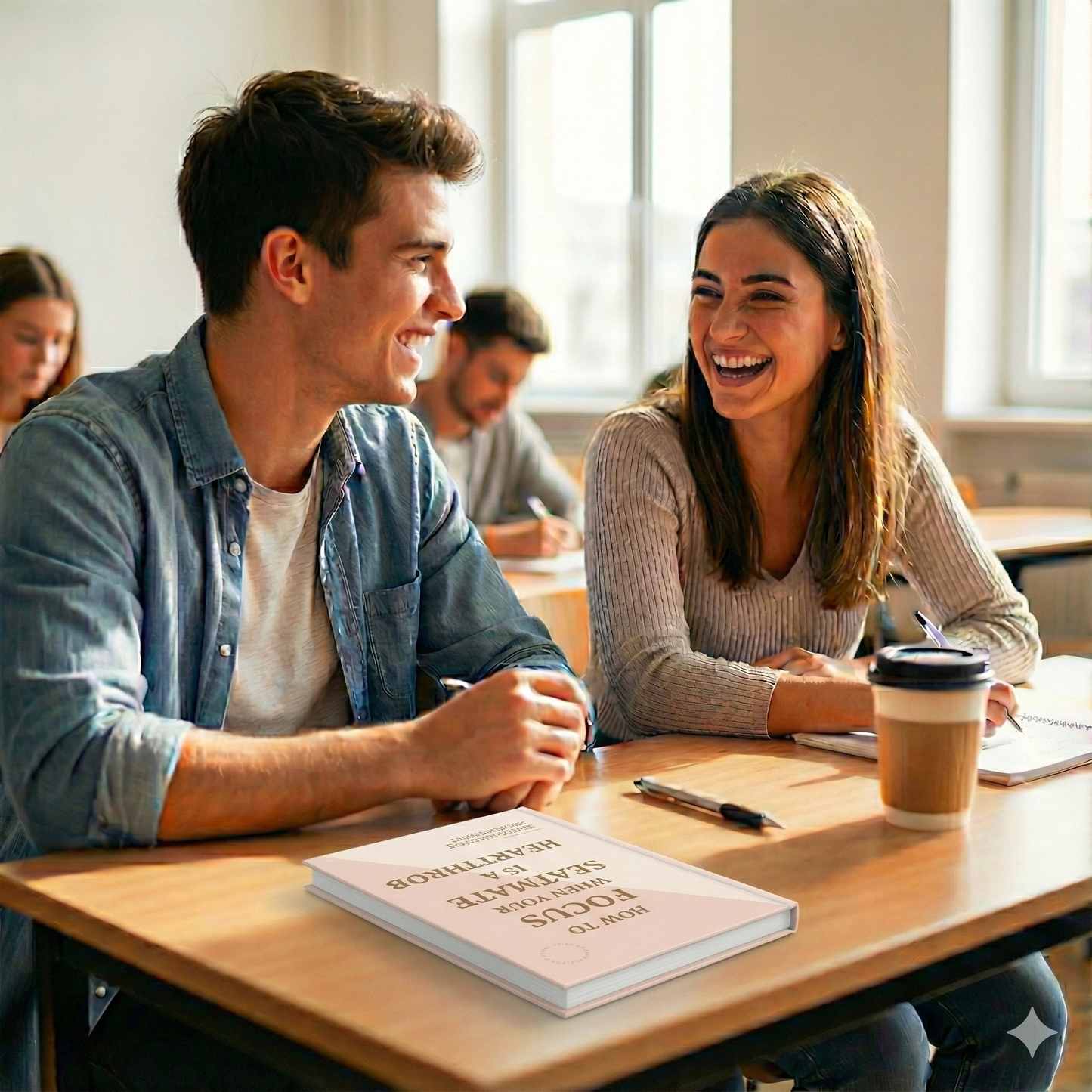 A man and a woman are laughing together at a wooden desk in a classroom, with a book titled "HOW TO FOCUS WHEN YOUR SEATMATE IS A HEARTTHROB" placed on the desk in front of them.