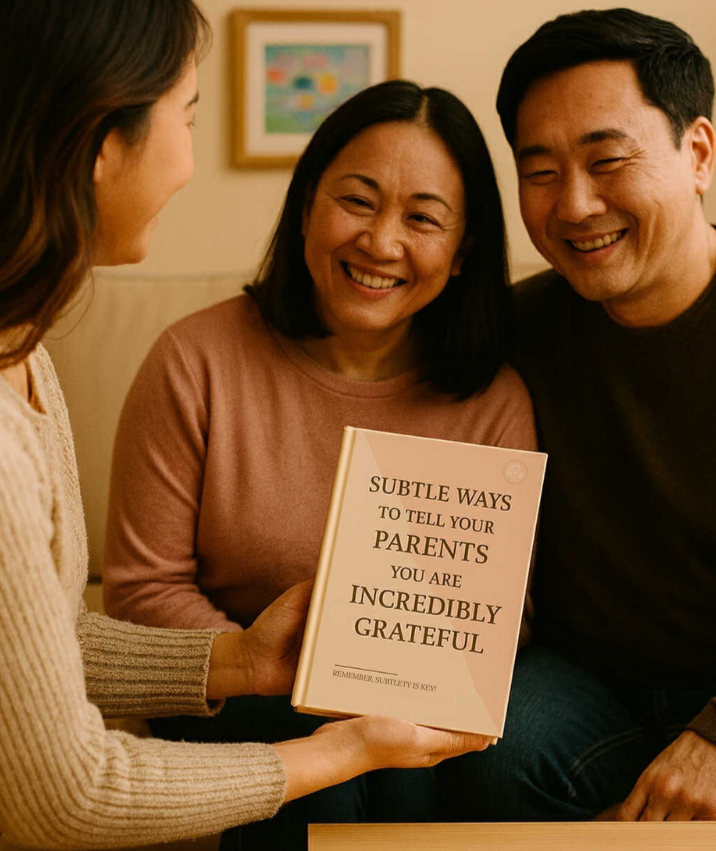 Three people sitting together holding a book titled 'Subtle Ways to Tell Your Parents You Are Incredibly Grateful'.
