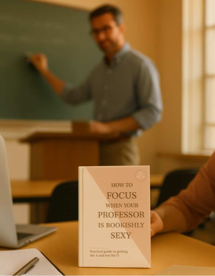 Book titled 'How to Focus When Your Professor is Bookishly Sexy' on a desk with a classroom setting in the background.
