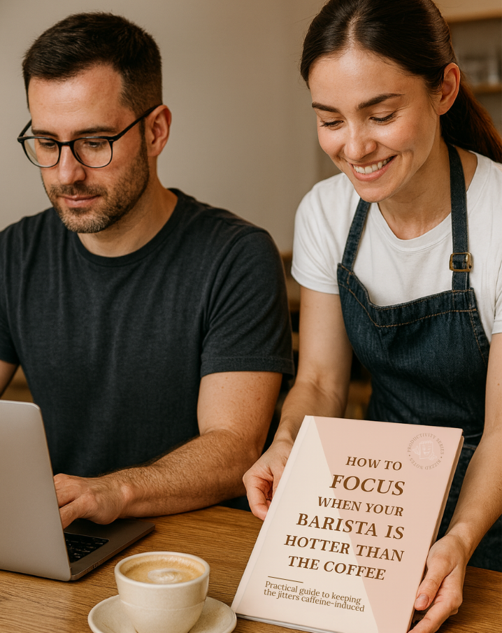 Man using a laptop with a woman holding a book titled 'How to Focus When Your Barista is Hotter Than the Coffee' in a cafe setting.