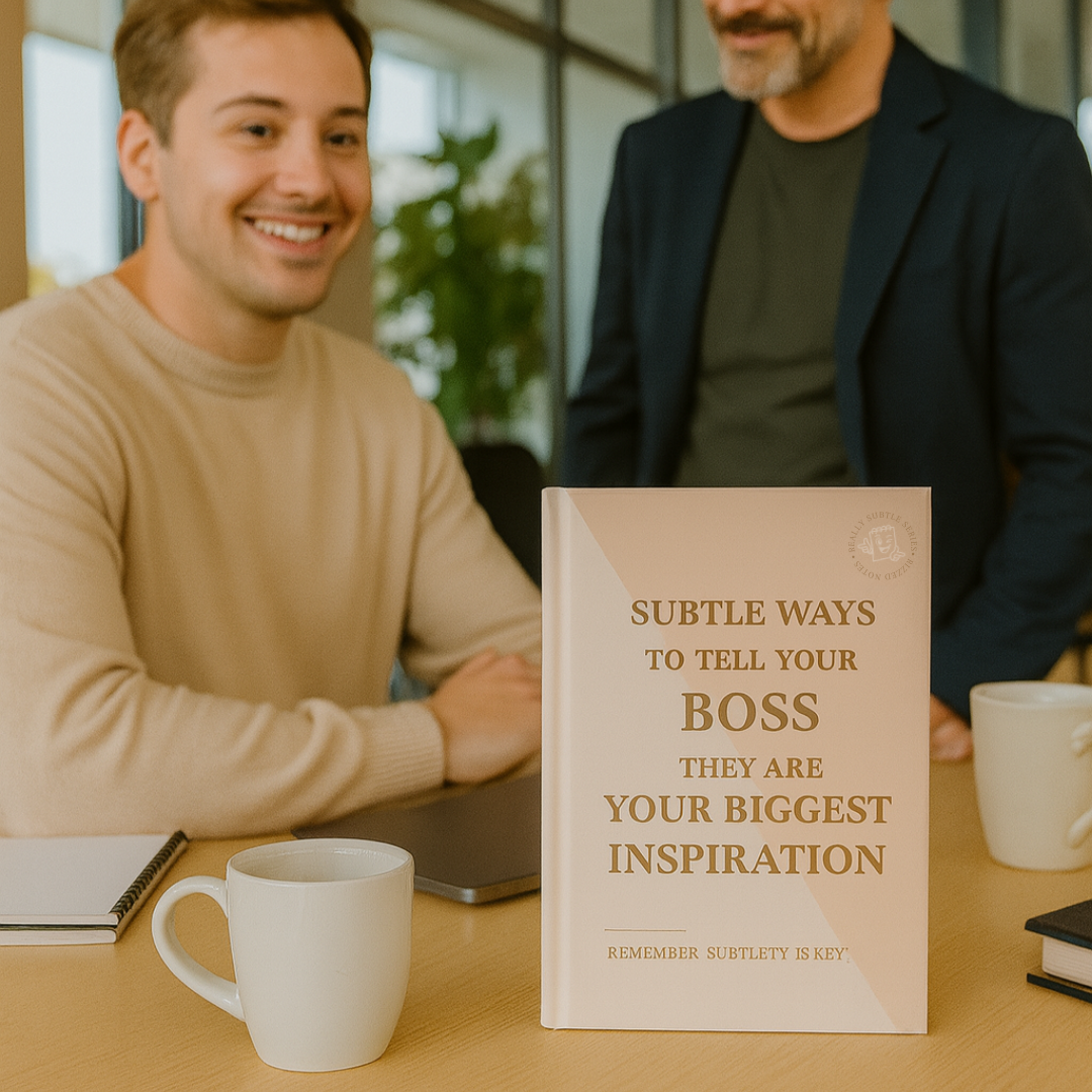 Two men sitting at a table with a book titled 'Subtle Ways to Tell Your Boss They Are Your Biggest Inspiration' in the foreground.