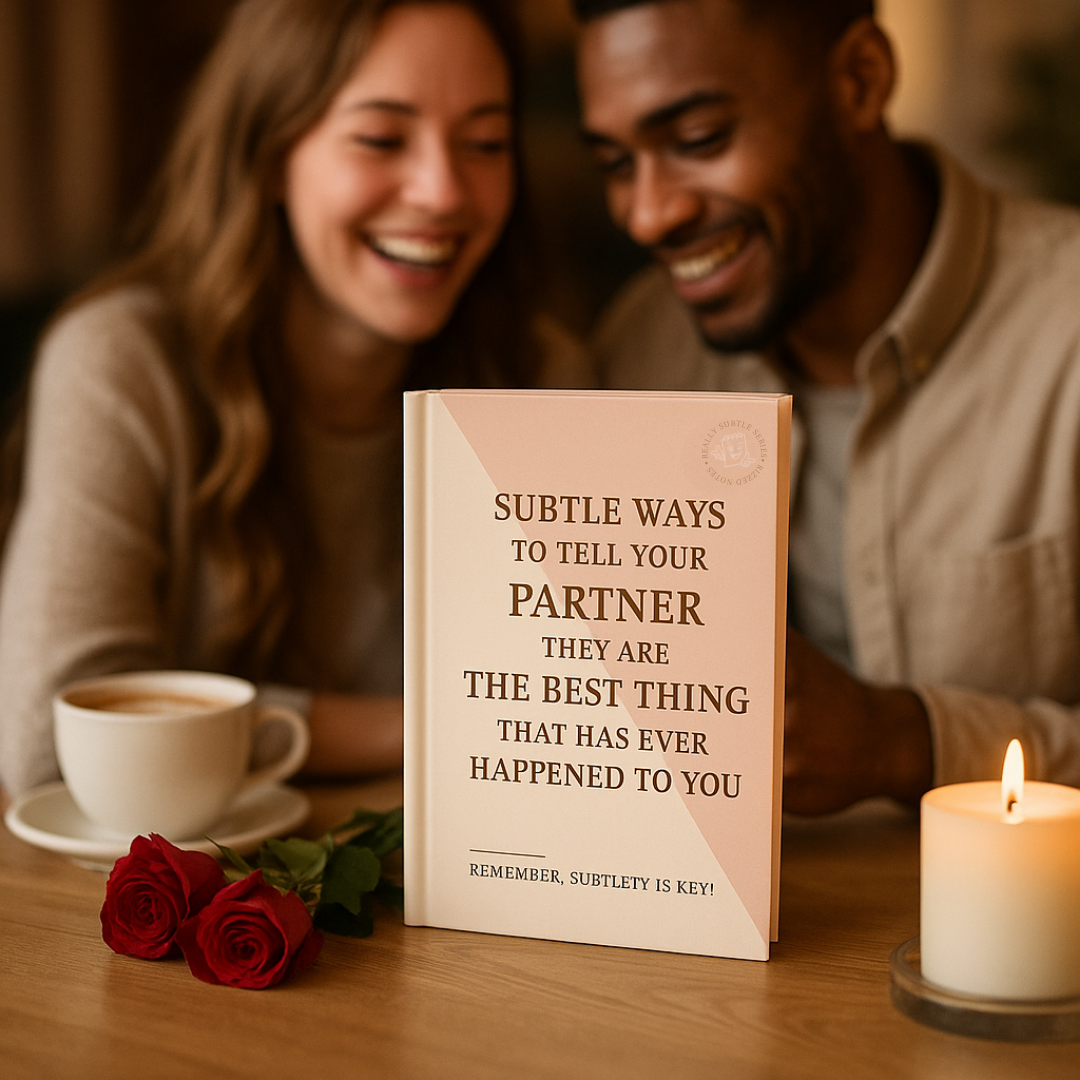 Couple enjoying a romantic moment with a book titled 'Subtle Ways to Tell Your Partner They Are the Best Thing That Has Ever Happened to You' on a table.