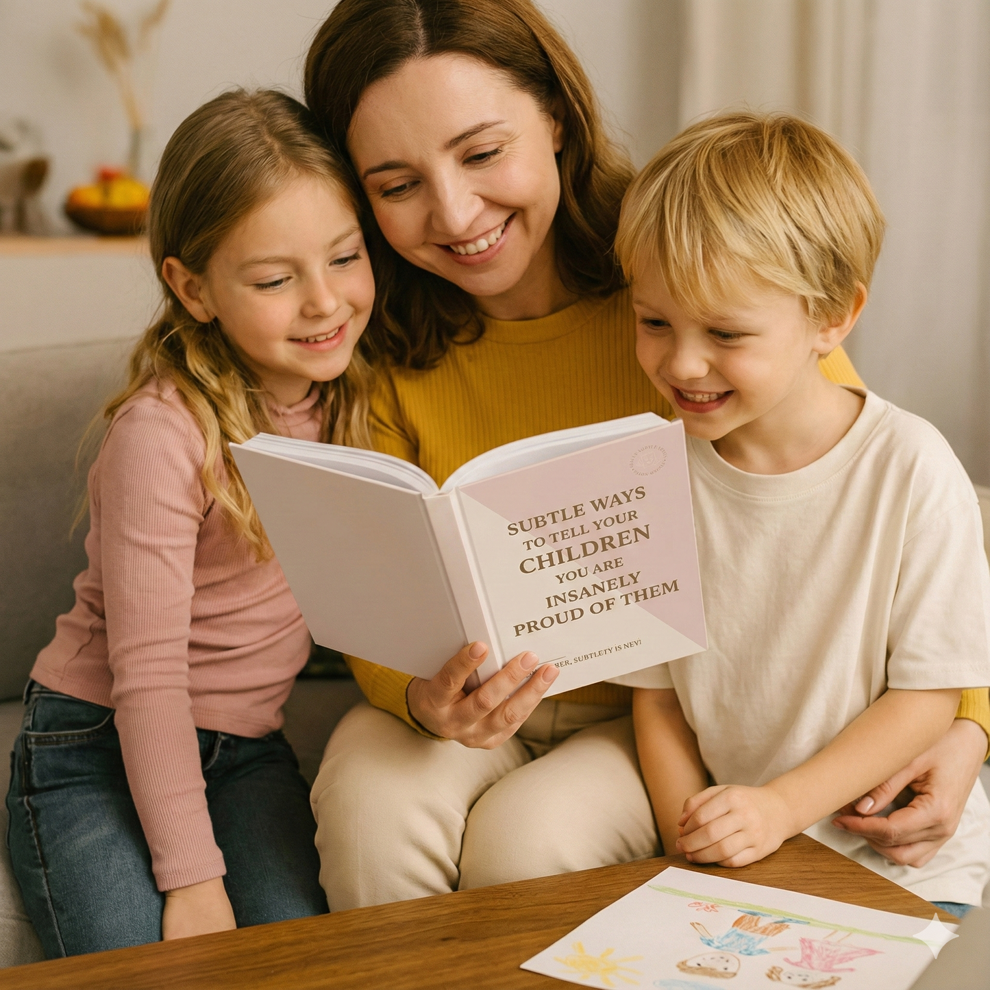 A smiling mother sits on a grey couch, flanked by her young daughter and son, who are also smiling. They are all looking down at an open book held by the mother, titled "SUBTLE WAYS TO TELL YOUR CHILDREN YOU ARE INSANELY PROUD OF THEM" in large brown text on a pink and beige page.