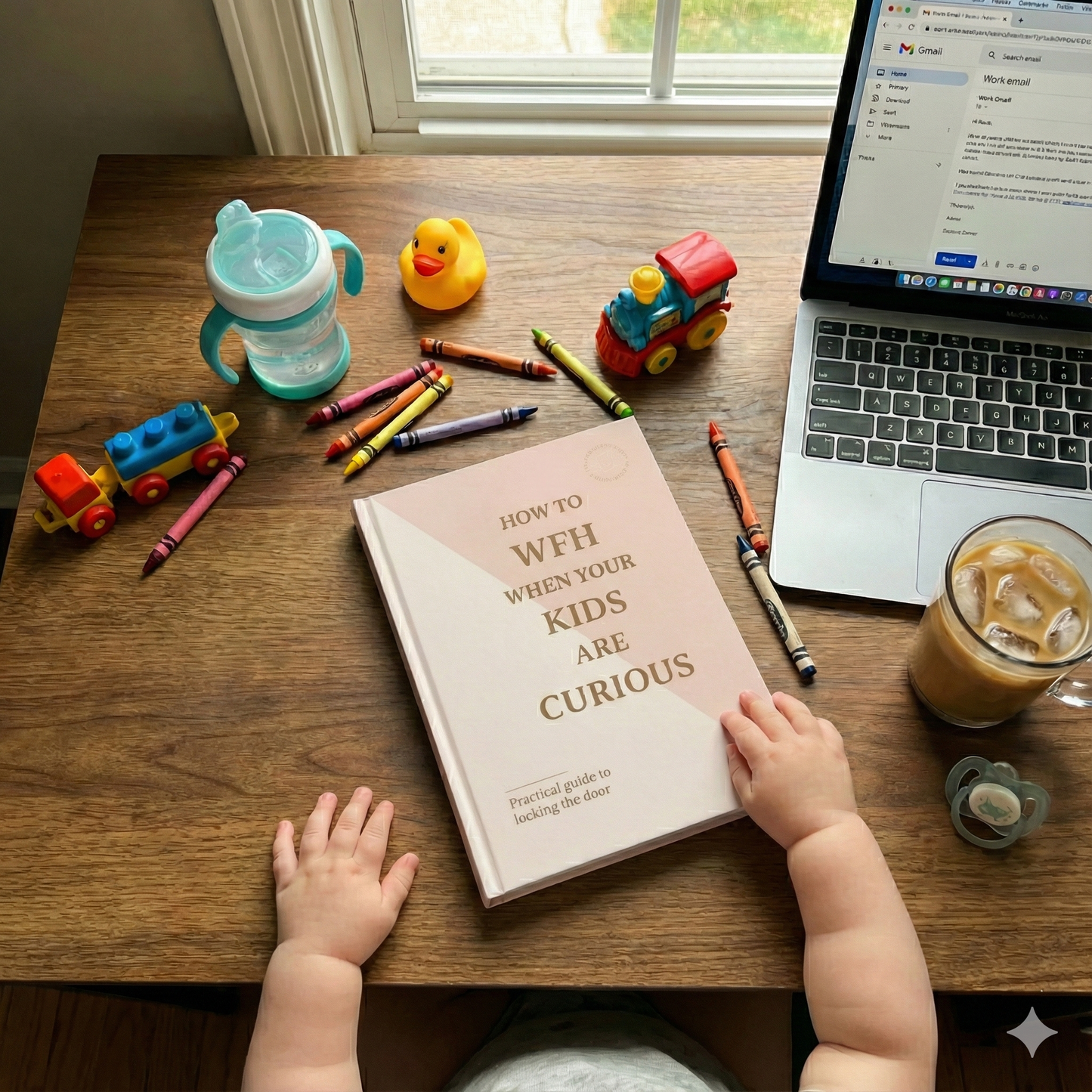 A top-down photograph of a wooden desk covered with a mix of work and baby items. In the center, a pair of baby's hands rests on a book with a split pink and beige cover titled "HOW TO WFH WHEN YOUR KIDS ARE CURIOUS".