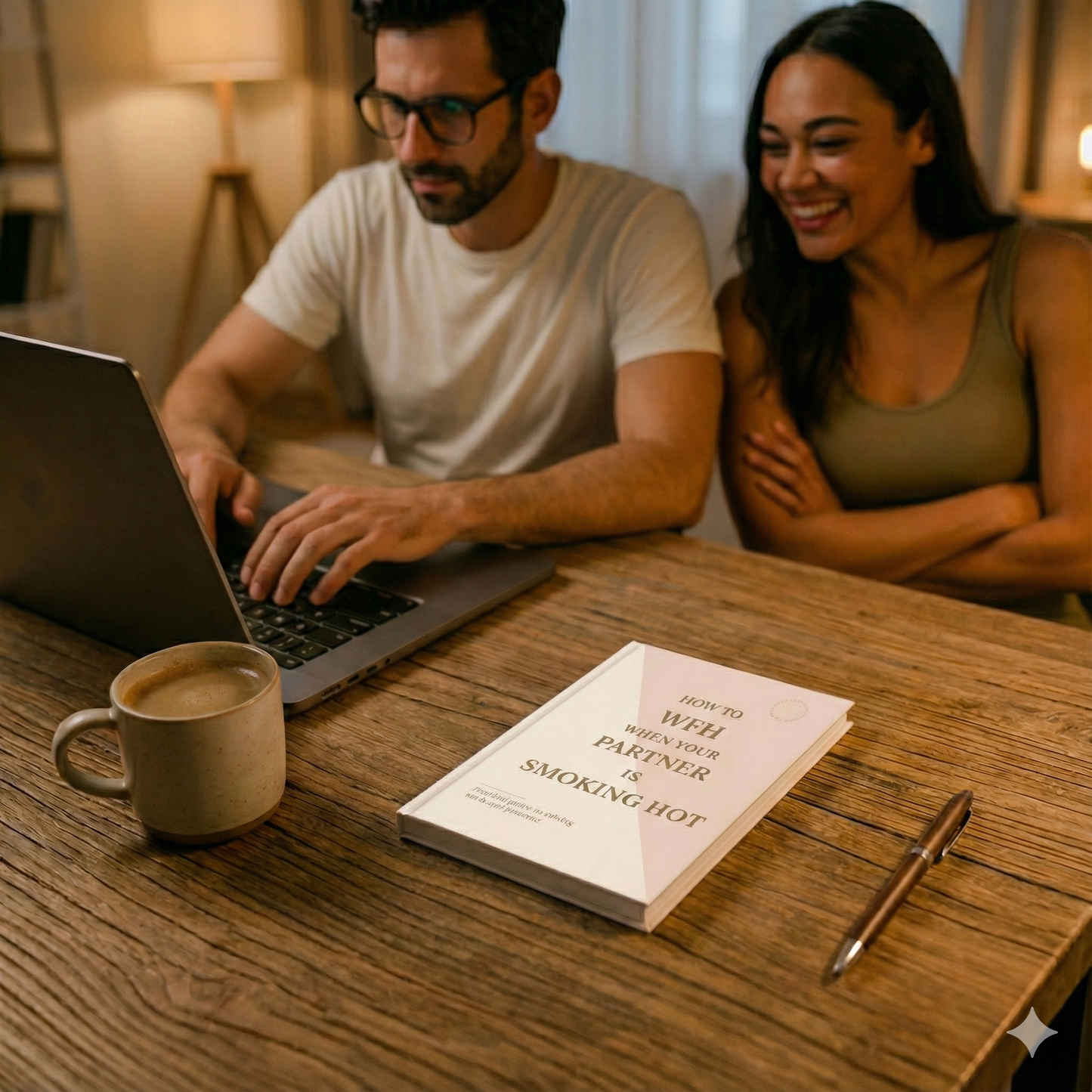 A couple sits at a wooden desk during the evening. In the foreground, a paperback journal with a pink and beige cover titled "HOW TO WFH WHEN YOUR PARTNER IS SMOKING HOT" is placed next to a ceramic mug and a pen. A man with glasses types on a laptop while a smiling woman beside him watches the screen with crossed arms.