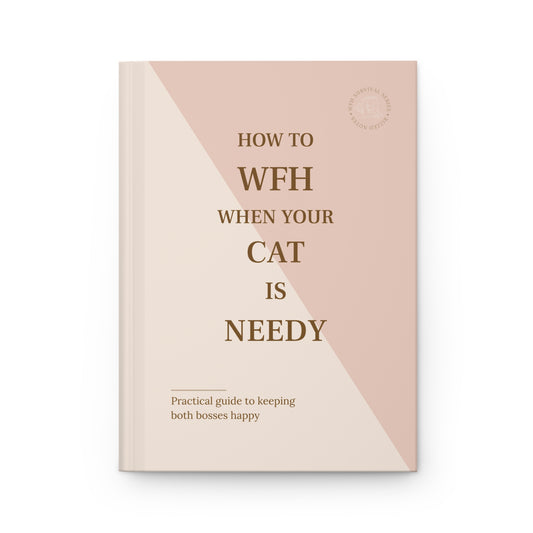 Book cover with text 'How to WFH When Your Cat is Needy' on a pink and beige background
