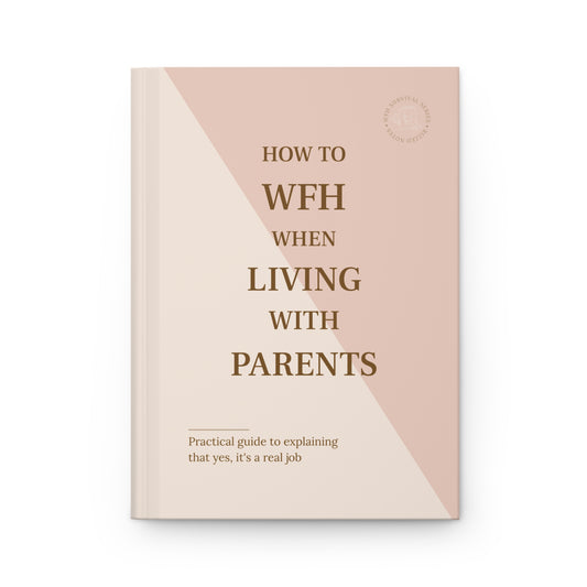 Book cover with text 'How to WFH When Living with Parents' on a pink and beige background