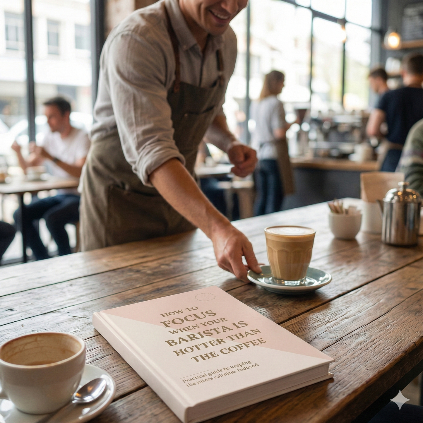 A journal titled "HOW TO FOCUS WHEN YOUR BARISTA IS HOTTER THAN THE COFFEE" sits on a wooden table in a coffee shop, while a male barista in a grey shirt and apron places a glass of latte on a saucer next to it. Another cup of coffee and a spoon are in the foreground, and other patrons are visible in the background.