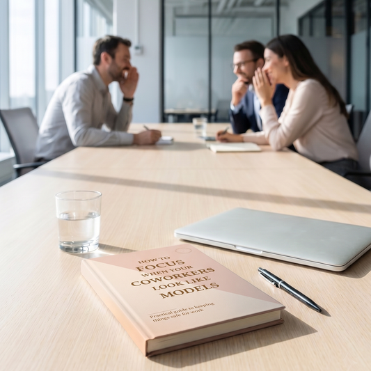 People in a meeting with a book titled 'How to Focus When Your Coworkers Look Like Models' on a table.