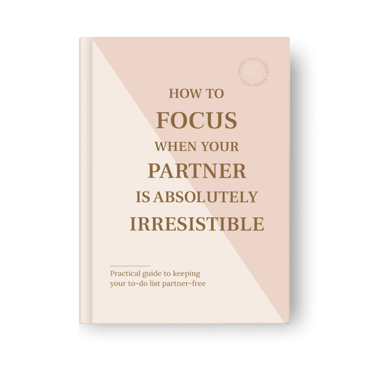 Book cover with text 'How to Focus When Your Partner is Absolutely Irresistible' on a pink and beige background
