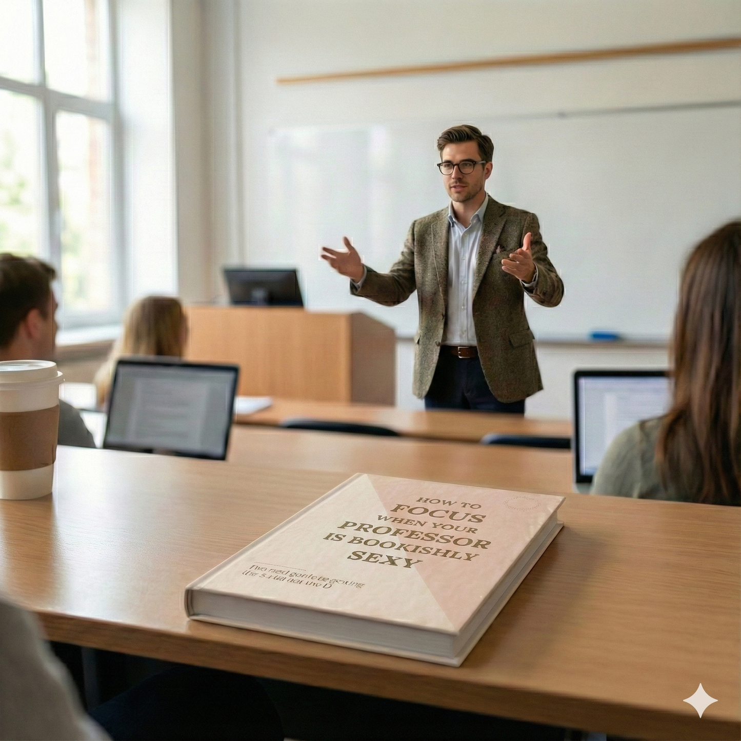 Man giving a lecture in a classroom with a book titled 'How to Focus When Your Professor is Bookishly Sexy' on a table.