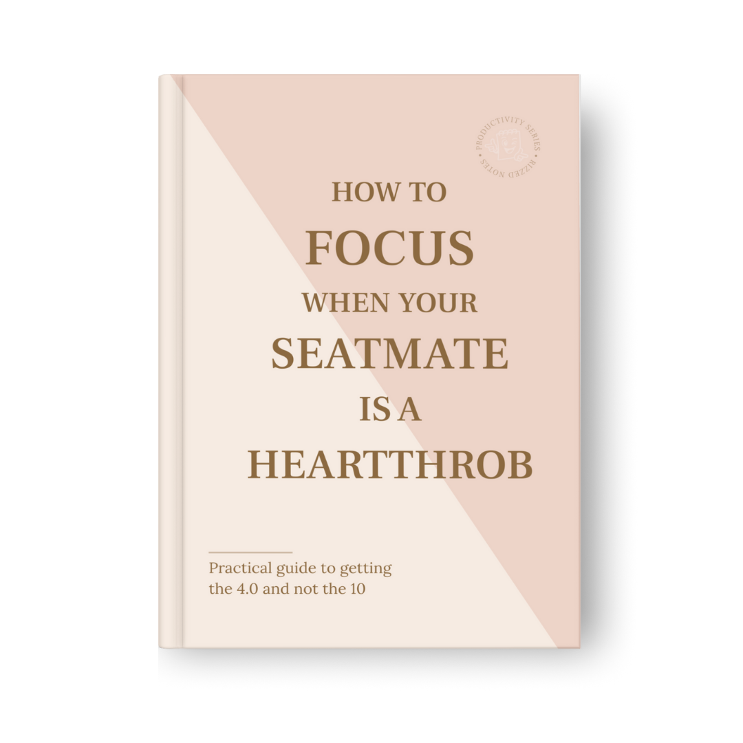 Book cover with text 'How to Focus When Your Seatmate is a Heartthrob' on a pink and beige background