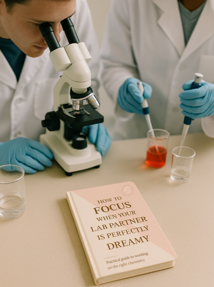Two scientists in lab coats and gloves with a microscope and a book on the table.