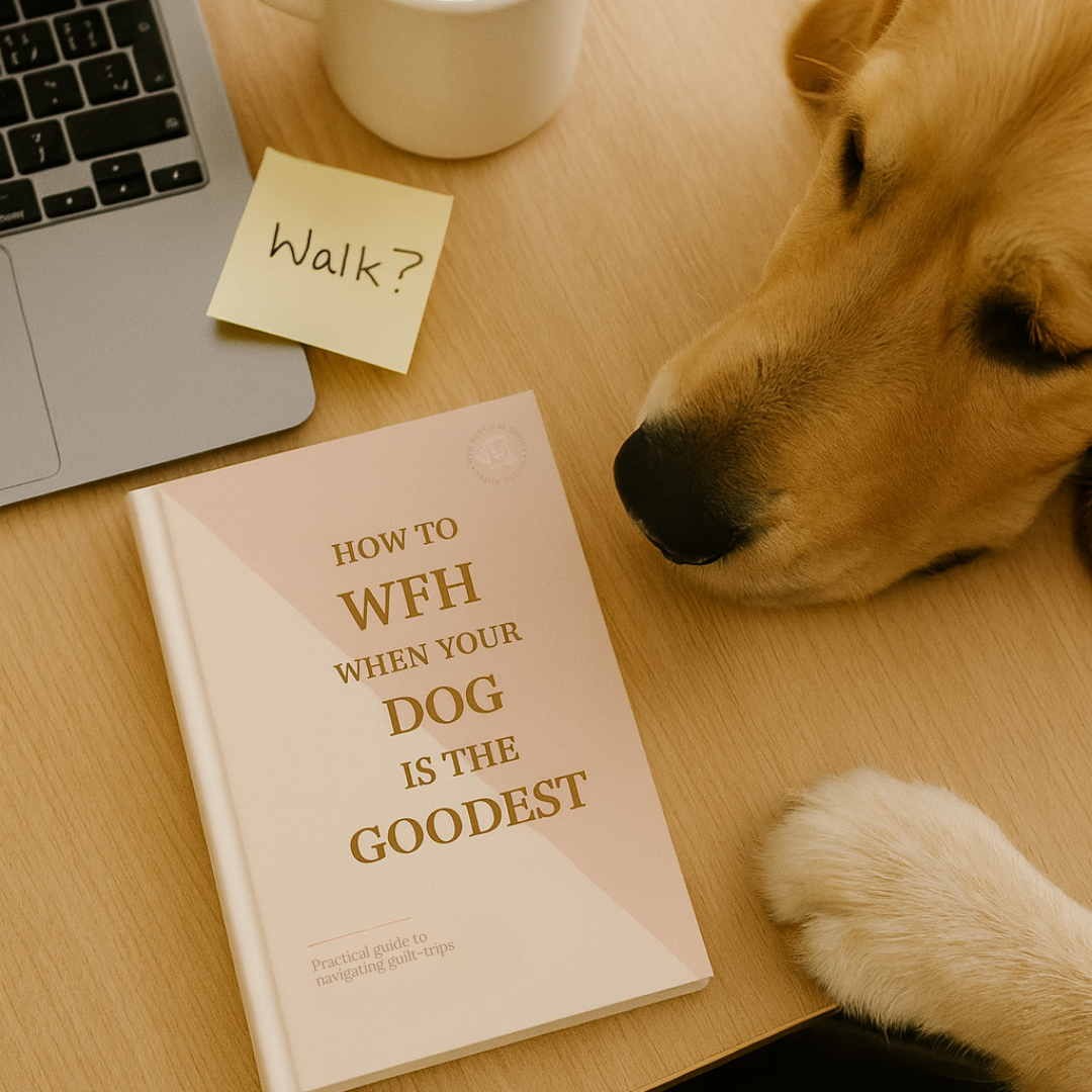 Dog next to a book titled 'How to WFH When Your Dog is the Goodest' on a desk with a laptop and coffee cup.