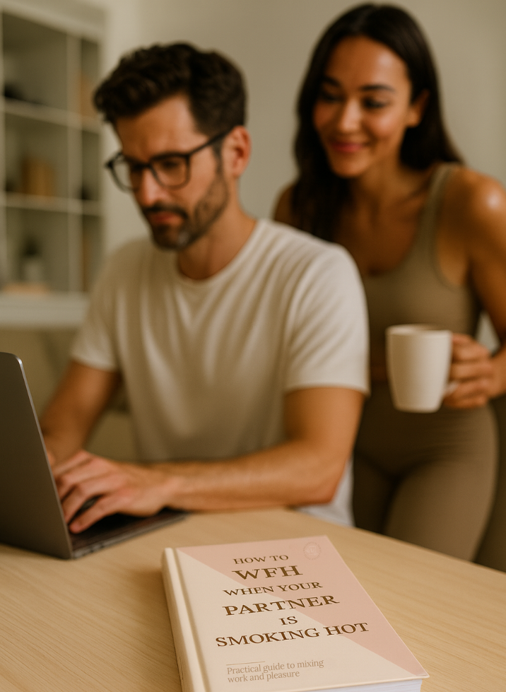 Man and woman using a laptop with a book titled 'How to WFH When Your Partner is Smoking Hot' on a table.