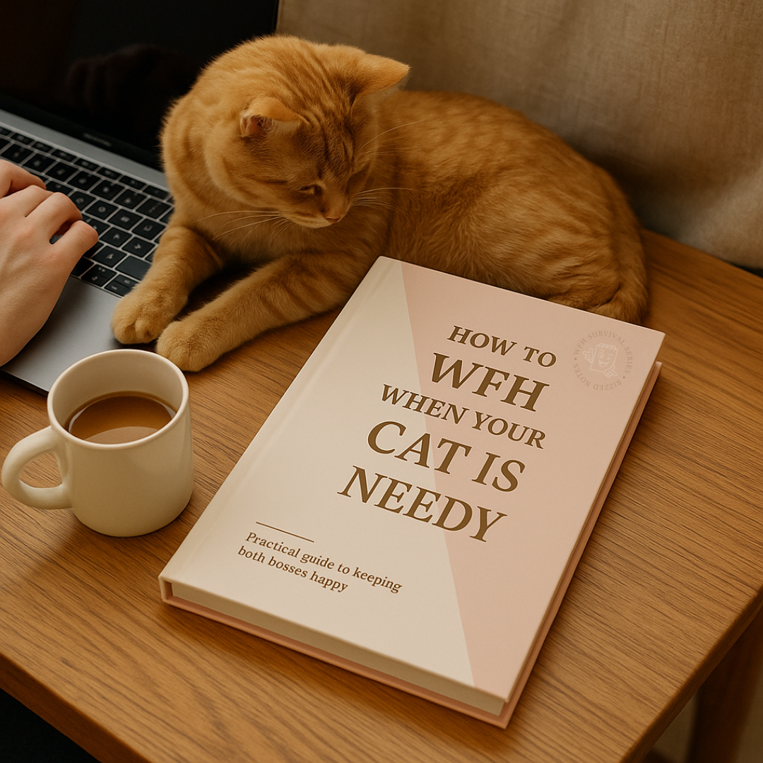 Cat sitting on a desk with a book titled 'How to WFH When Your Cat is Needy' and a cup of coffee.