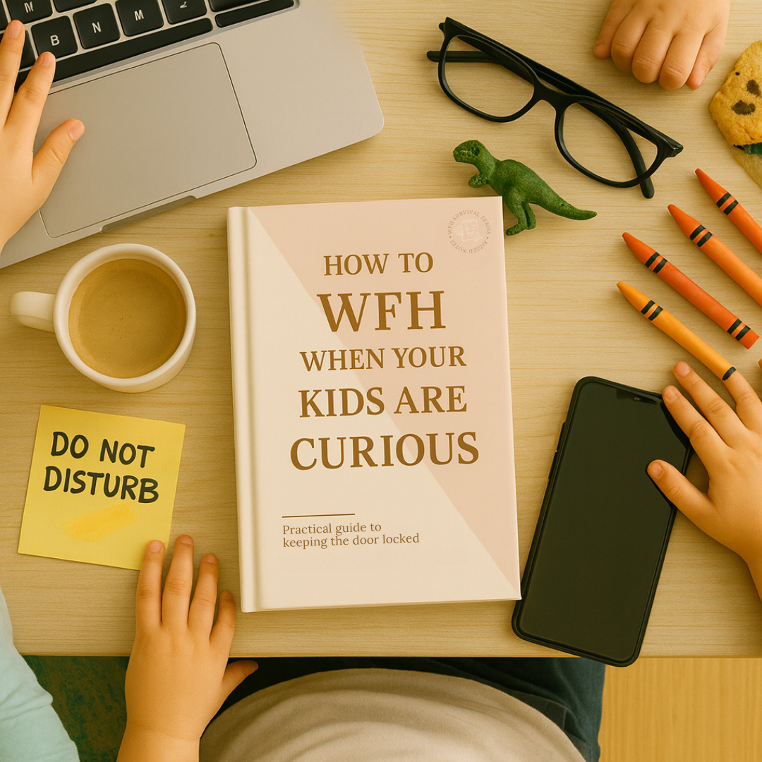 Tabletop scene with a book titled 'How to WFH When Your Kids Are Curious' surrounded by a laptop, coffee cup, phone, and crayons.