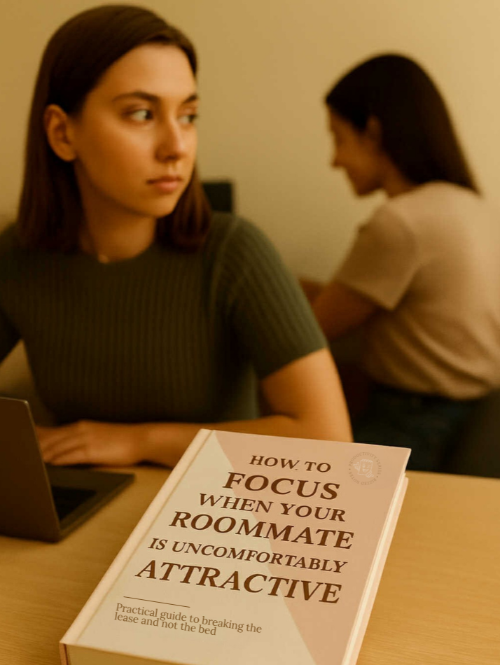 Woman sitting at a desk with a laptop, looking at another person, with a book titled 'How to Focus When Your Roommate is Uncomfortably Attractive' on the desk.