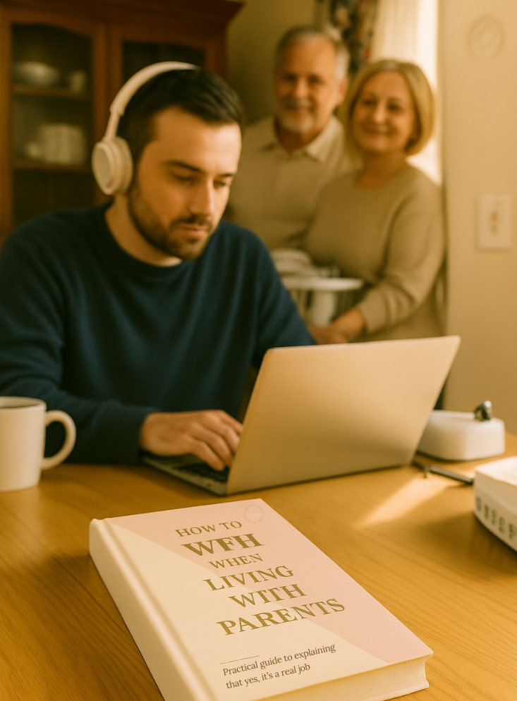 Man working on a laptop with a book titled 'How To WFH When Living with Parents' on a table, with a couple in the background.