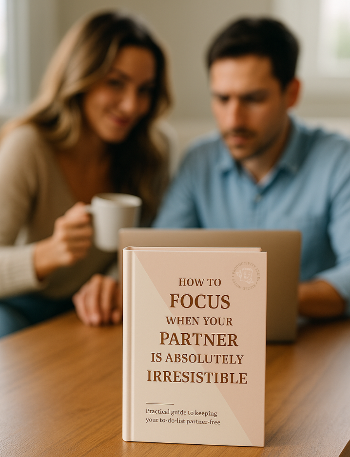 Book titled 'How to Focus When Your Partner is Absolutely Irresistible' on a table with a couple in the background.
