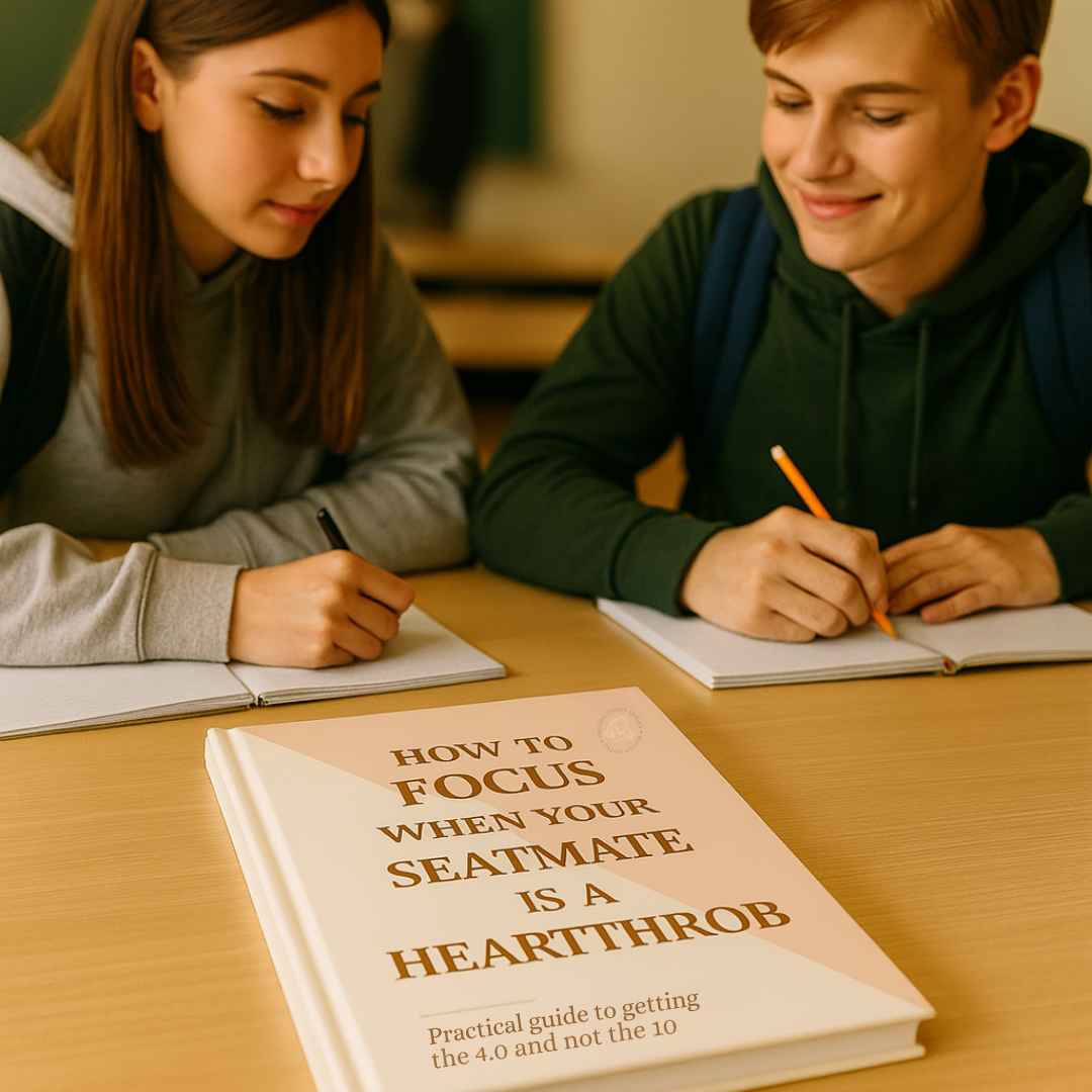 Two people studying with a book titled 'How to Focus When Your Seatmate is a Heartthrob' on a table.