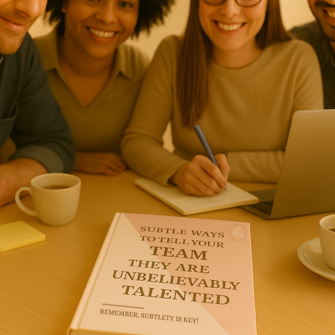 People sitting around a table with a book titled 'Subtle Ways to Tell Your Team They Are Unbelievably Talented' in the foreground.
