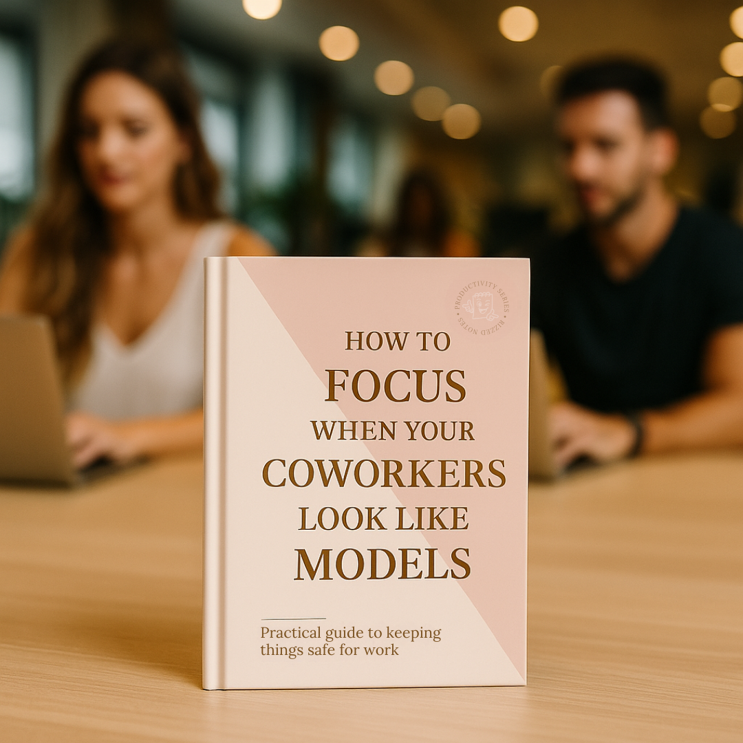 Book titled 'How to Focus When Your Coworkers Look Like Models' on a table with blurred people in the background.