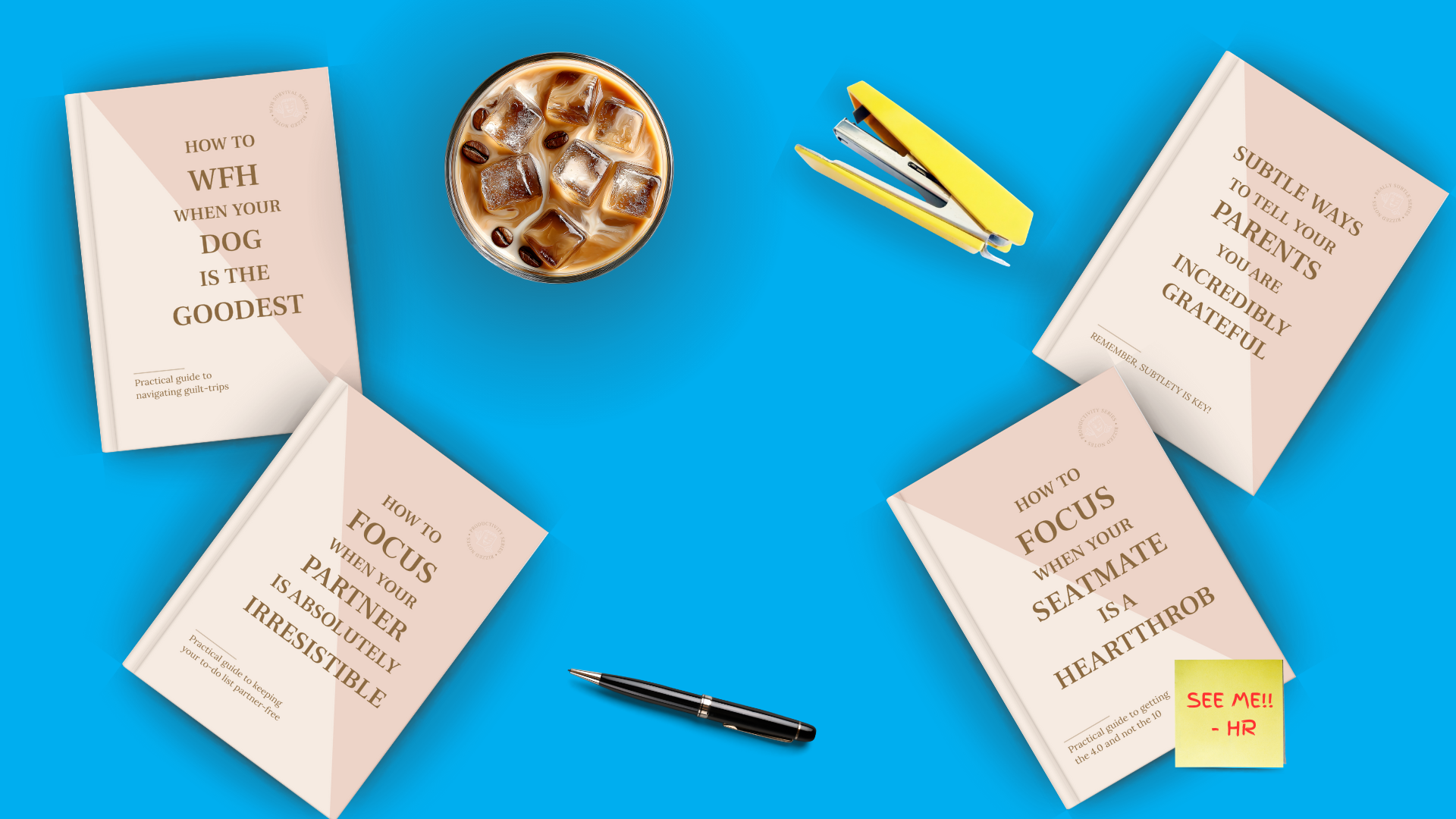 Books on a blue background with a coffee cup and pen