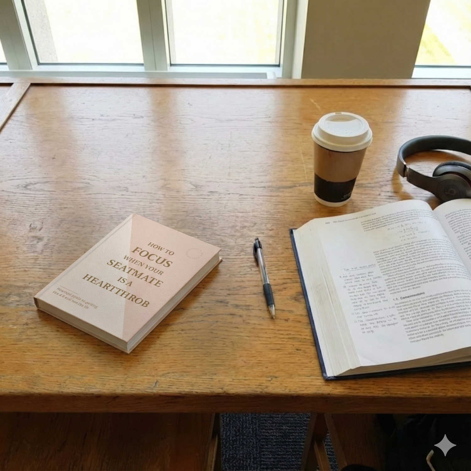 A high-angle shot captures a wooden desk with a book titled "HOW TO FOCUS WHEN YOUR SEATMATE IS A HEARTTHROB", an open textbook, a pen, a paper coffee cup, and headphones, with a window in the background.