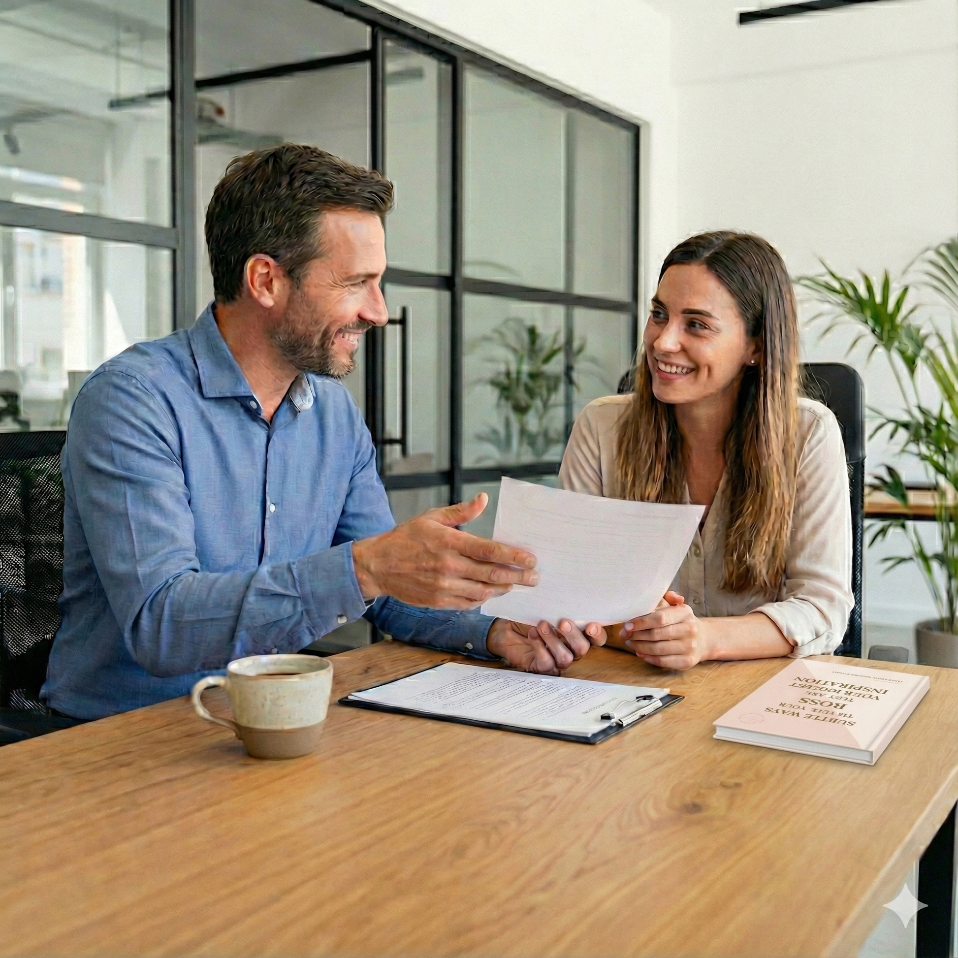 A man and a woman are smiling at each other while seated at a wooden desk in an office, reviewing a document. A book titled "SUBTLE WAYS TO TELL YOUR BOSS THEY ARE YOUR BIGGEST INSPIRATION" is on the desk near the woman.