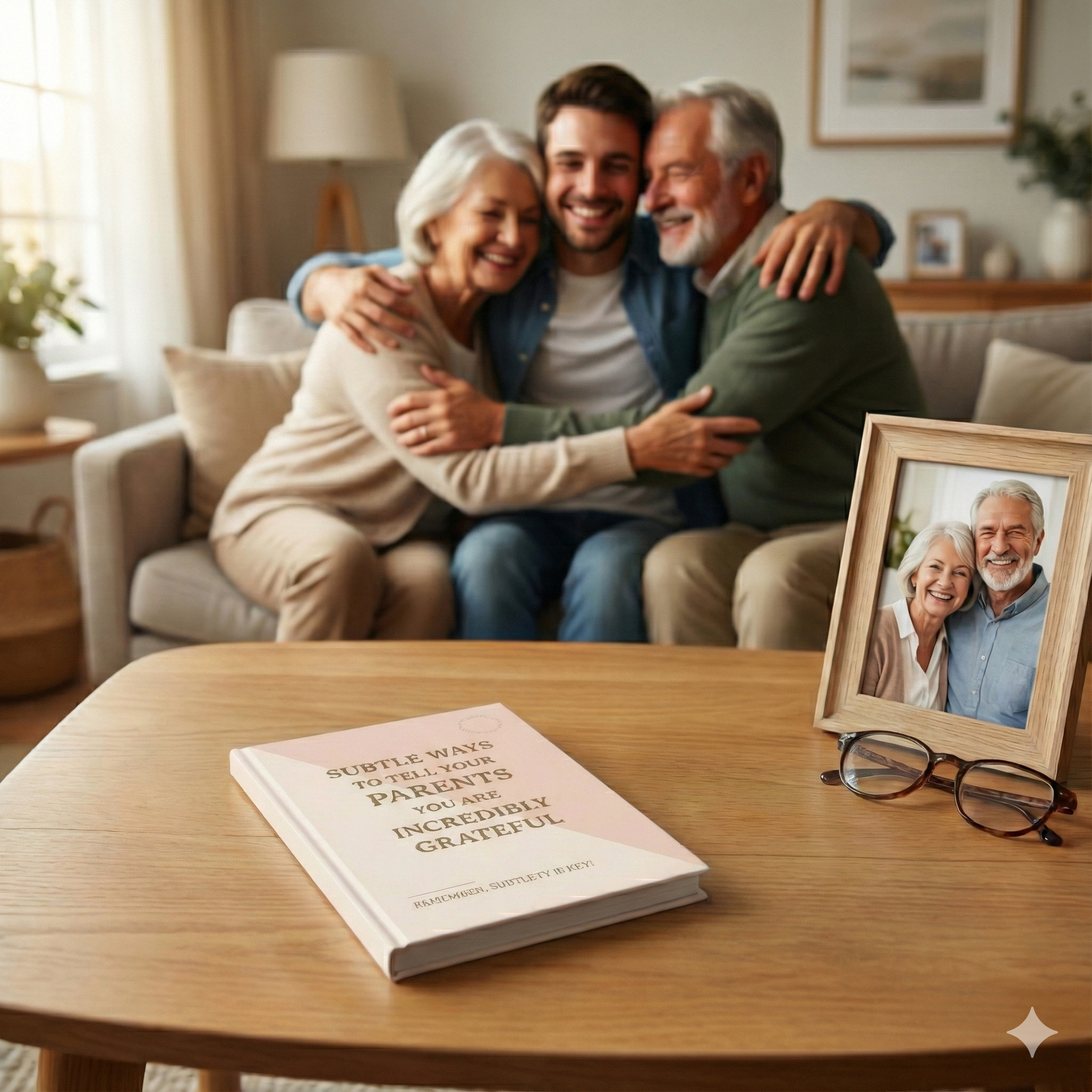 In the foreground, a book titled "Subtle Ways to Tell Your Parents You Are Incredibly Grateful" rests on a wooden coffee table next to eyeglasses and a framed photo of an older couple. In the background, an adult man embraces his smiling elderly parents on a beige sofa in a sunlit living room.