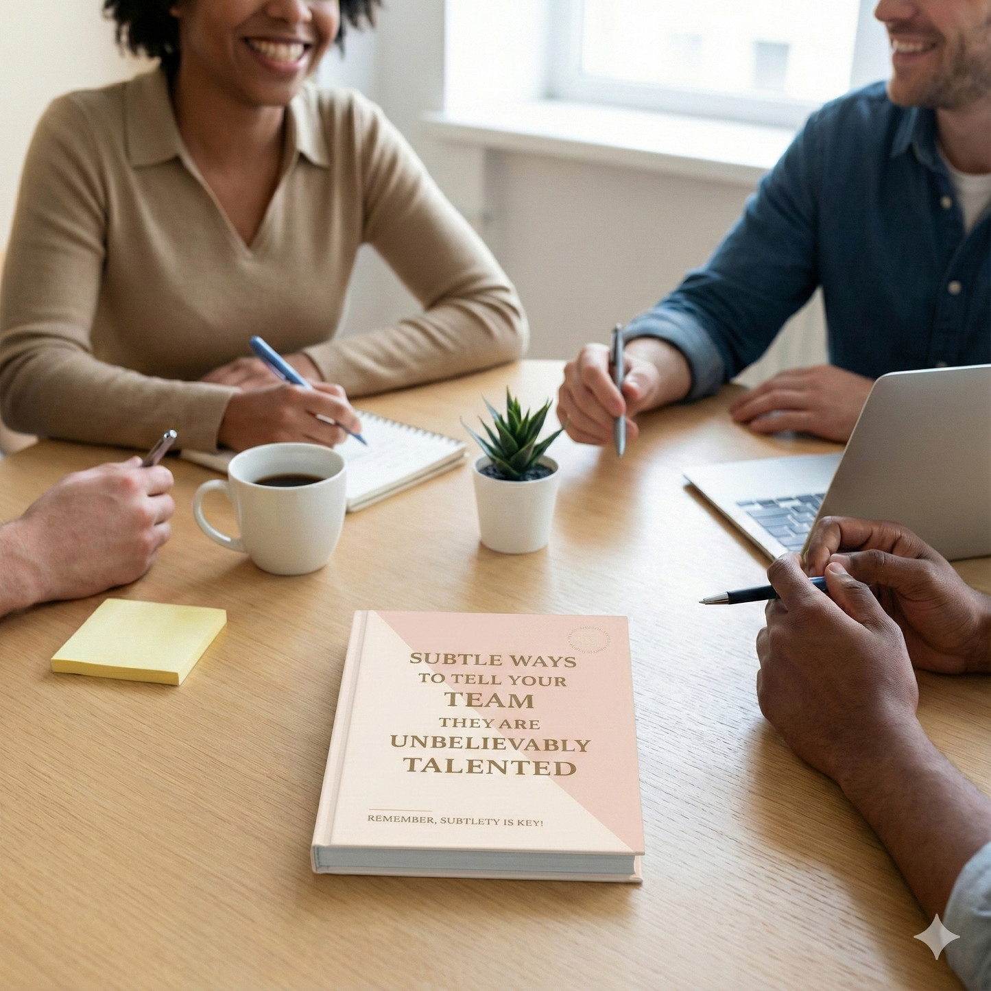 A high-angle photograph of a wooden conference table shows a book titled "SUBTLE WAYS TO TELL YOUR TEAM THEY ARE UNBELIEVABLY TALENTED" placed centrally. Four people are seated around the table, with only their hands and notebooks visible as they write and work. A laptop, a coffee mug, a small plant, and sticky notes are also on the table.