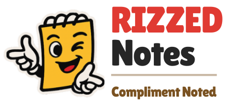 Logo of Rizzed Notes with a cartoon notepad character on a white background