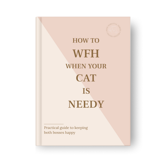 Book cover with text 'How to WFH When Your Cat is Needy' on a pink and beige background