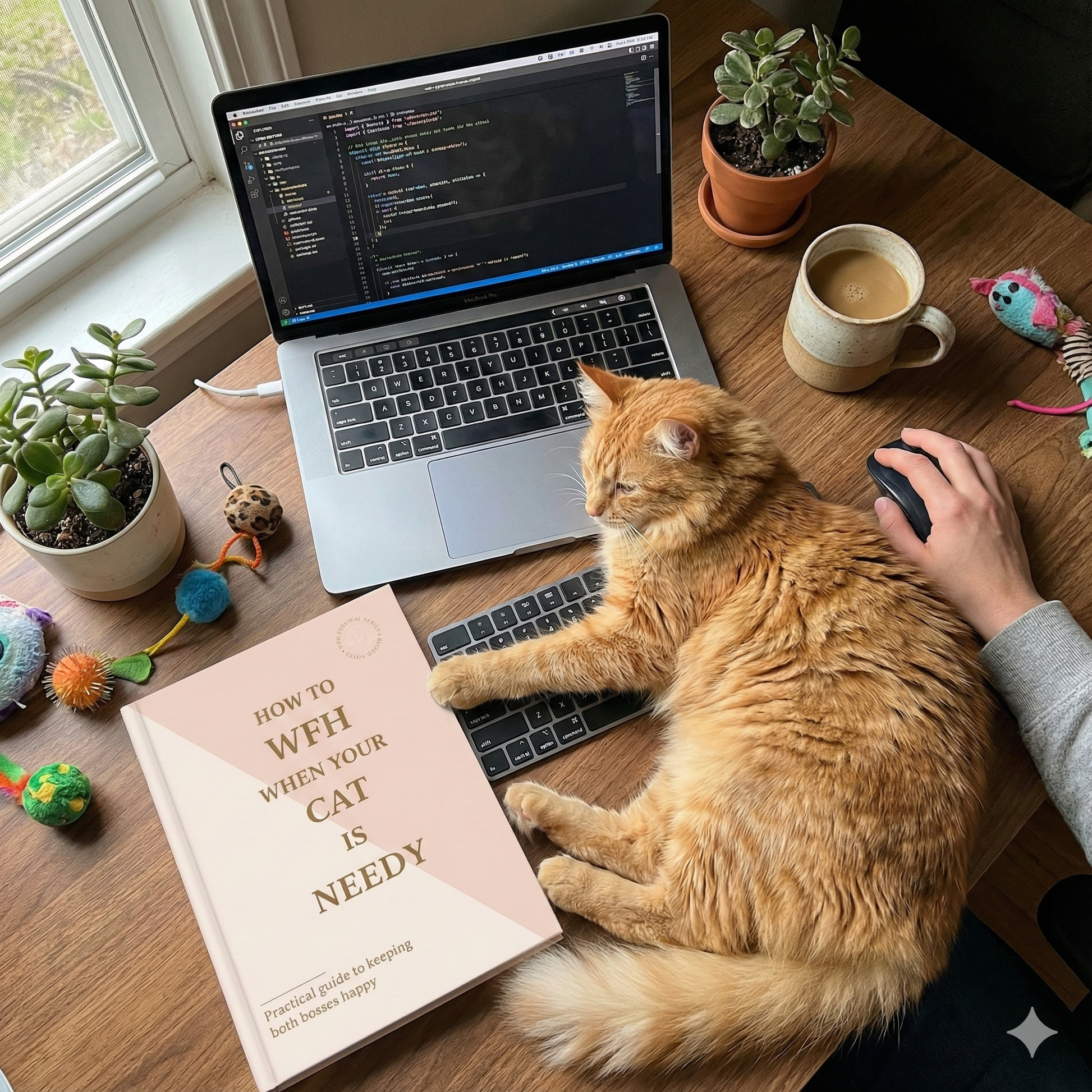 A fluffy orange tabby cat is sprawling across a wooden desk, its paw on a separate keyboard and its body blocking a laptop screen displaying code. A person's hand is on a mouse, being crowded by the cat. To the left of the cat is a book titled "HOW TO WFH WHEN YOUR CAT IS NEEDY" with a pink and beige cover. The desk is cluttered with a coffee mug, several potted succulent plants, and colorful cat toys. Natural light streams in from a window on the left.