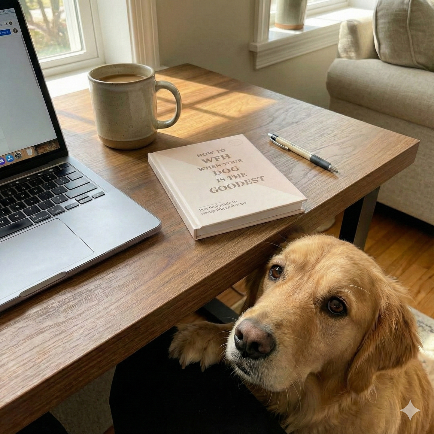 A golden retriever with a pleading expression looks up from under a wooden desk, resting its paws on a person's lap. On the sunlit desk are a laptop, a ceramic mug with coffee, a pen, and a book titled "HOW TO WFH WHEN YOUR DOG IS THE GOODEST." A window and a couch are visible in the background.