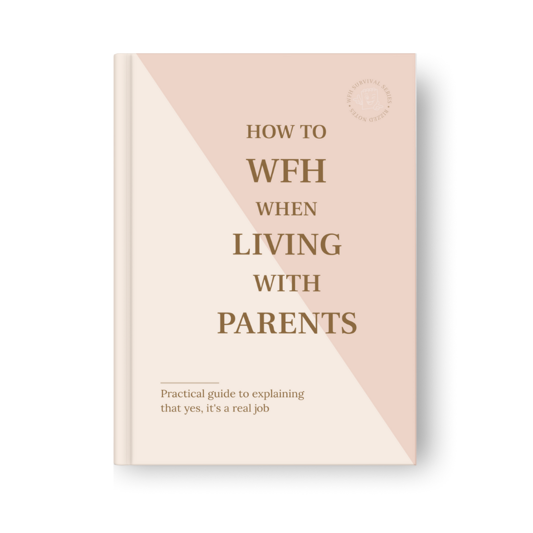 Book cover with text 'How to WFH When Living with Parents' on a pink and beige background