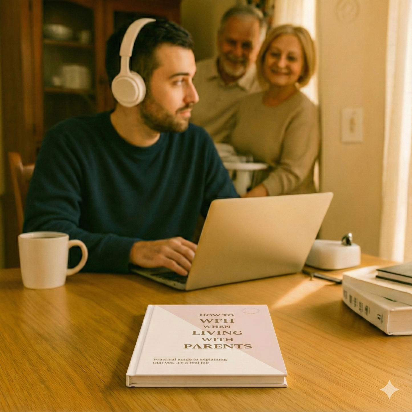 Man wearing headphones using a laptop with a book titled 'How to WFH When Living with Parents' on a table, with two people in the background.