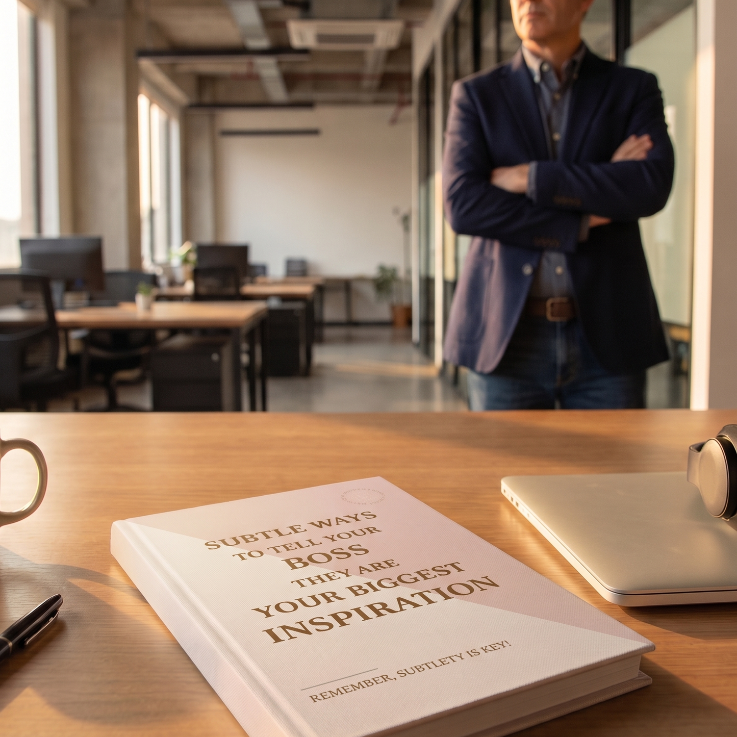 Book titled 'Supple Ways to Tell Your Boss They Are Your Biggest Inspiration' on a desk with a blurred office background