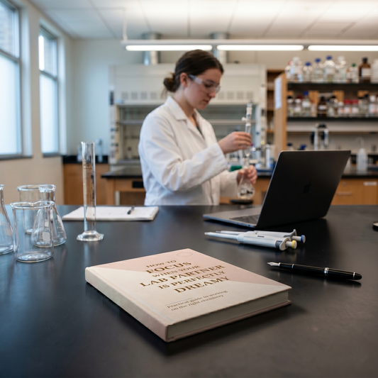 Person in a lab coat working at a desk with a laptop and book titled 'The Power of Now' in a laboratory setting.