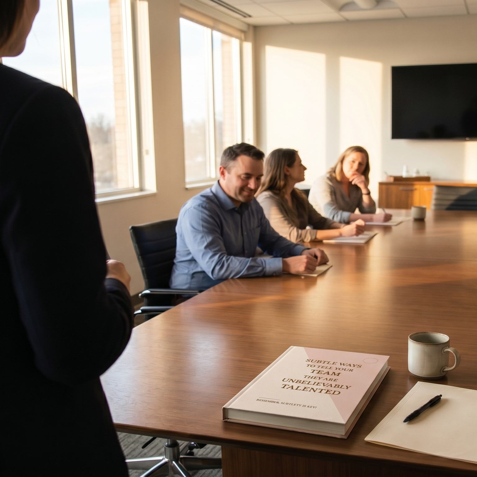 Group of people in a meeting room with a book and coffee cup on the table.